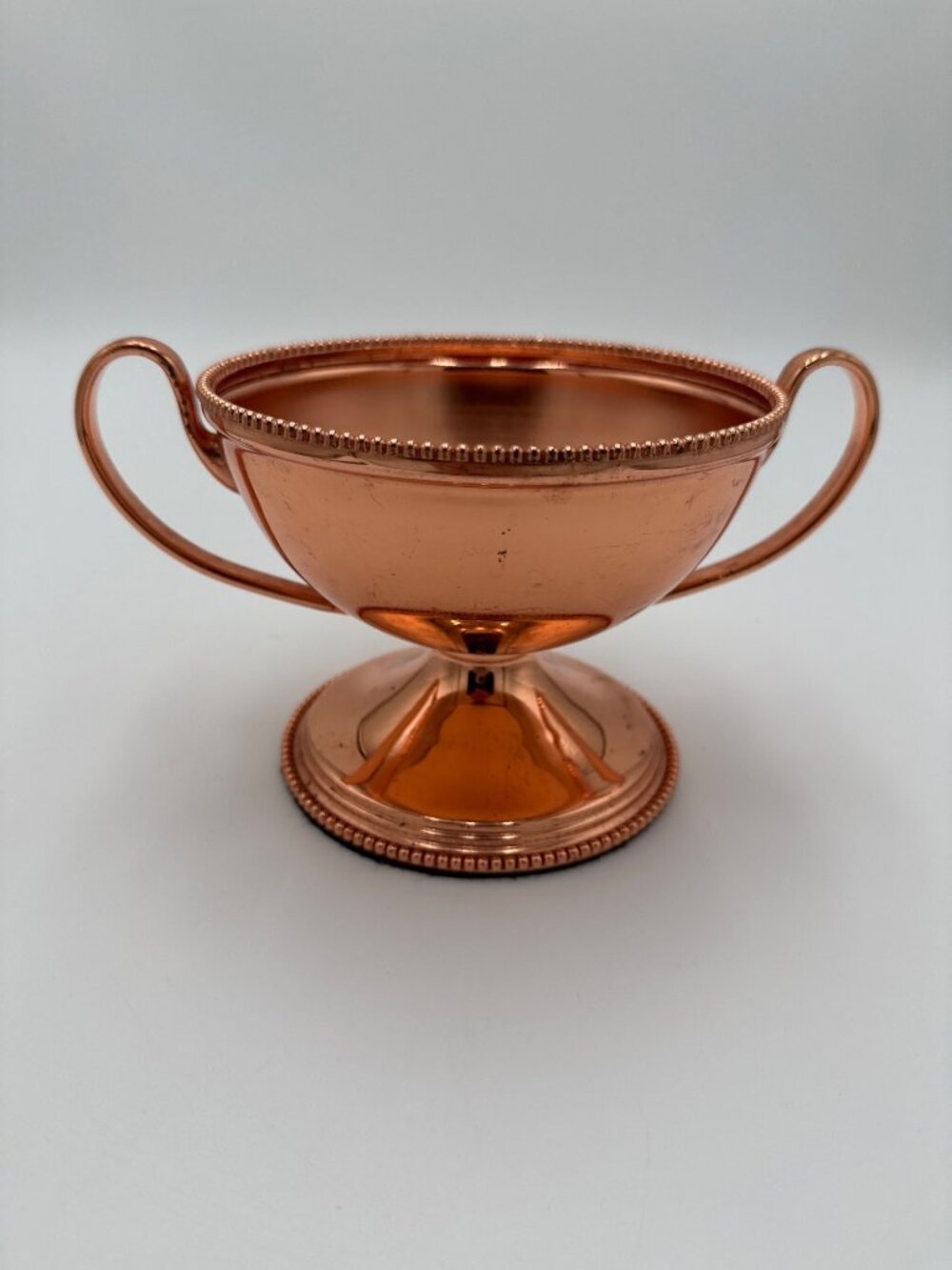 Vintage Copper Pedestal Bowl Dual Handles Beaded Rim Center Piece